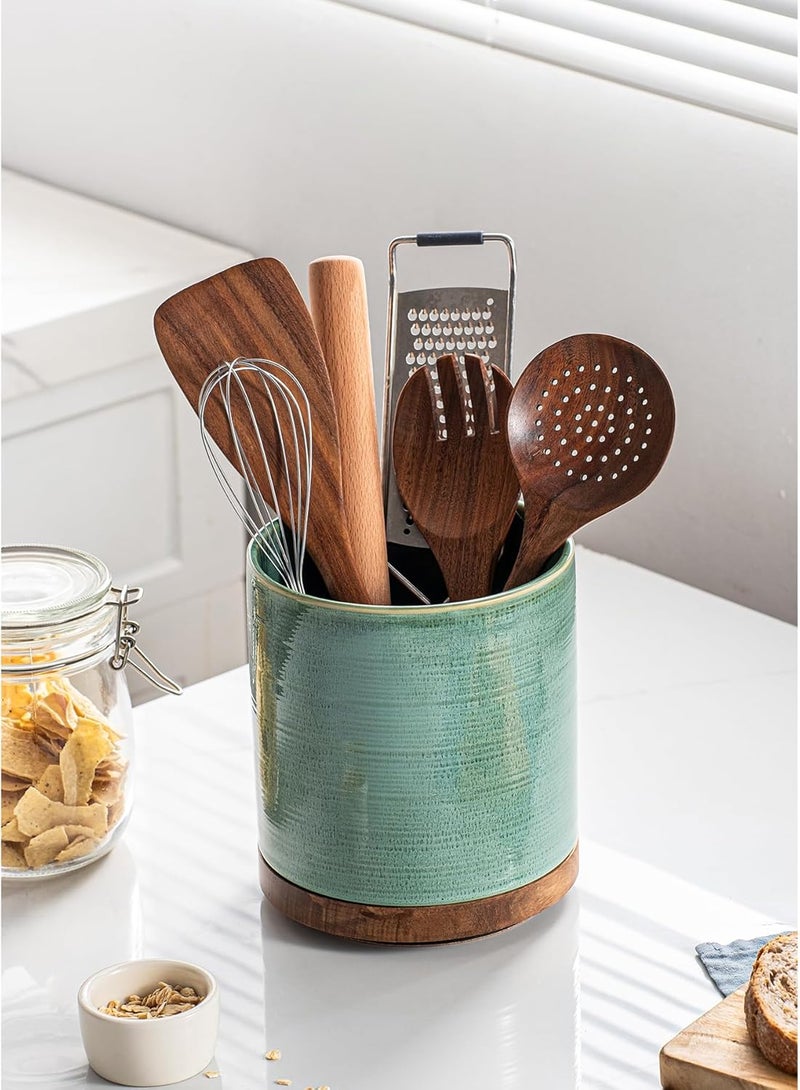 MIKIGEY Utensil Holder, 360° Rotating Extra Large Ceramic Kitchen Utensil Holder for Countertop, 7.3“ Cooking Utensil Crocks for Kitchen Counter with Rotatable Wooden Base, Farmhouse Decor, Forest Green - Image 3
